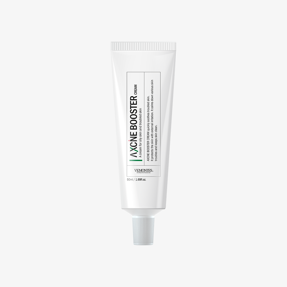 VEMONTES AXCNE Booster Cream 50ml: One original 50ml cream tube beside a pale green texture swatch.