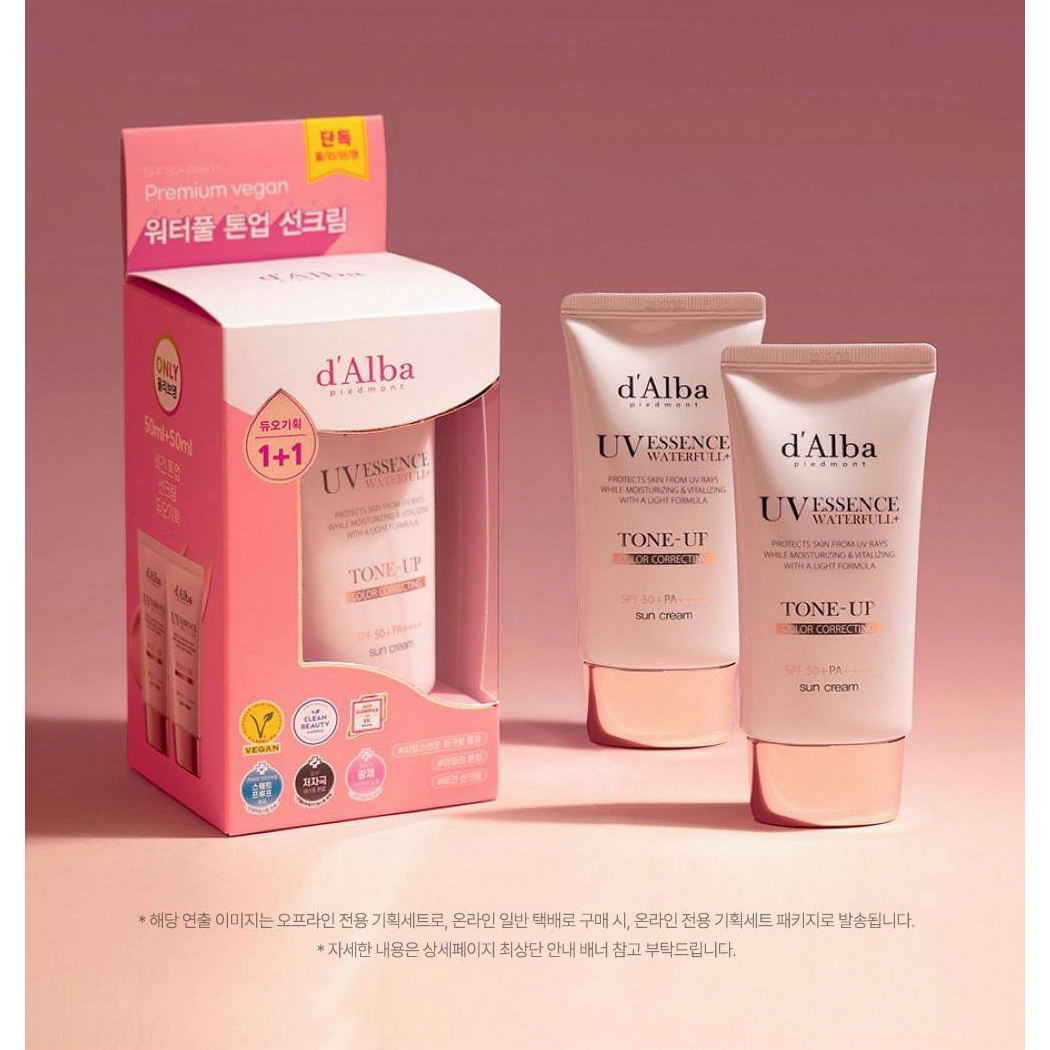d’Alba Pink Correcting Tone-Up Sun Cream genuine two-tube 50ml duo with actual manufacturer packaging; outer packaging may vary.