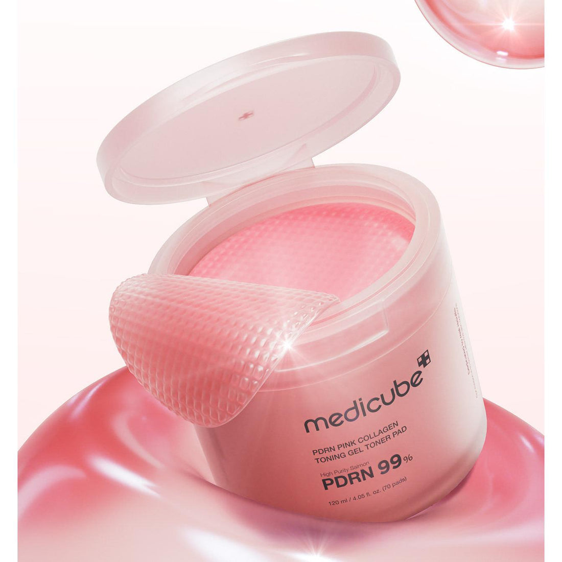 Medicube PDRN Pink Collagen gel toner pad jar labeled 120ml / 70 pads