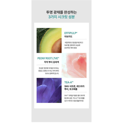 Complete ingredient-feature panel: avocado, peony-root extract and TEA-A complex