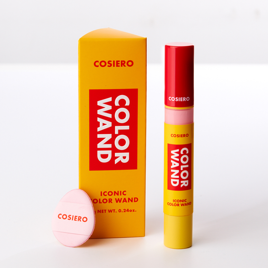Representative pink-shade COSIERO Iconic Color Wand and one included pink finger puff; use the six-shade chart to compare colors