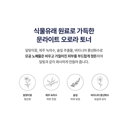Complete Moonseal Aurora Toner botanical ingredient guide, including green tea leaf water, evening primrose, pine leaf and witch hazel.
