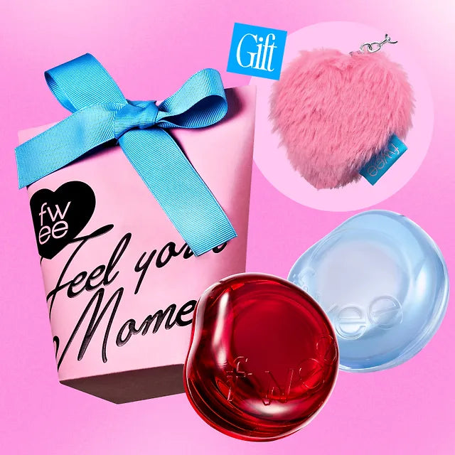 fwee Jelly Pot gift duo: two actual pots, original gift box and pink fur keyring mirror; generic set photo, selected color pair varies.