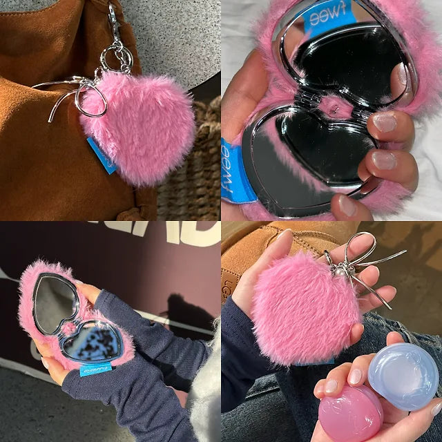 Original gift mirror keyring shown open and attached to a bag; cosmetic pots shown separately for context.