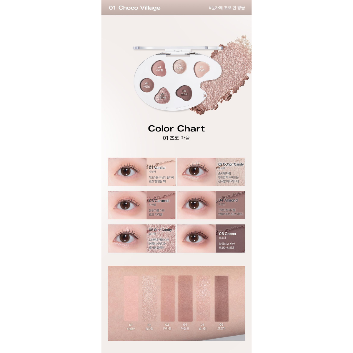 BBIA Last Eye Palette 01 Choco Village complete six-pan color, eye-look and arm-swatch chart