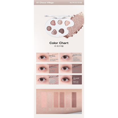 BBIA Last Eye Palette 01 Choco Village complete six-pan color, eye-look and arm-swatch chart