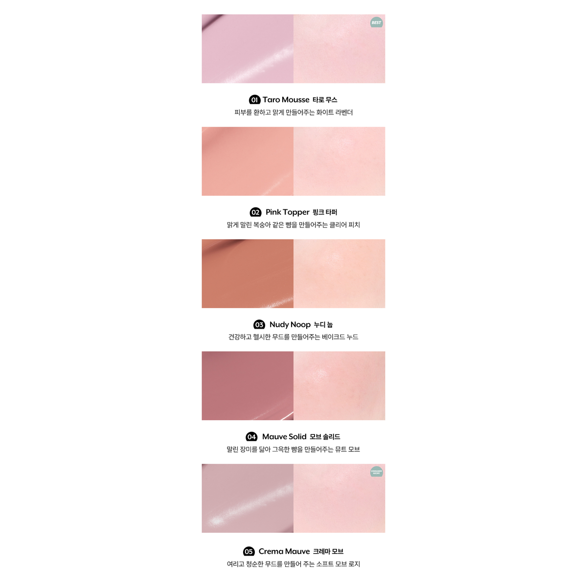 nuse Mousse Care Cheek complete five-shade chart with exact names Taro Mousse, Pink Topper, Nudy Noop, Mauve Solid and Crema Mauve.