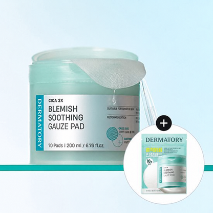 DERMATORY Cica 2X Blemish Soothing Gauze Pad 70+10 Pack: one 70-pad jar and one 10-pad portable pack