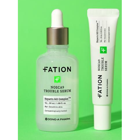 FATION Nosca9 Trouble Serum 50ml bottle and matching15ml mini serum tube.