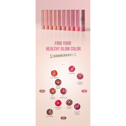 3CE Glazy Lip Glow product guide.