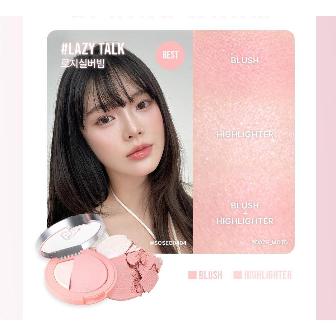 3CE Blushlighter Lazy Talk, one compact with its complete manufacturer shade swatches