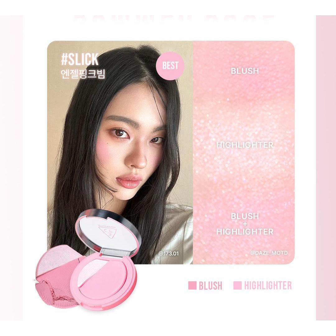 3CE Blushlighter Slick, one selected compact and complete shade swatches