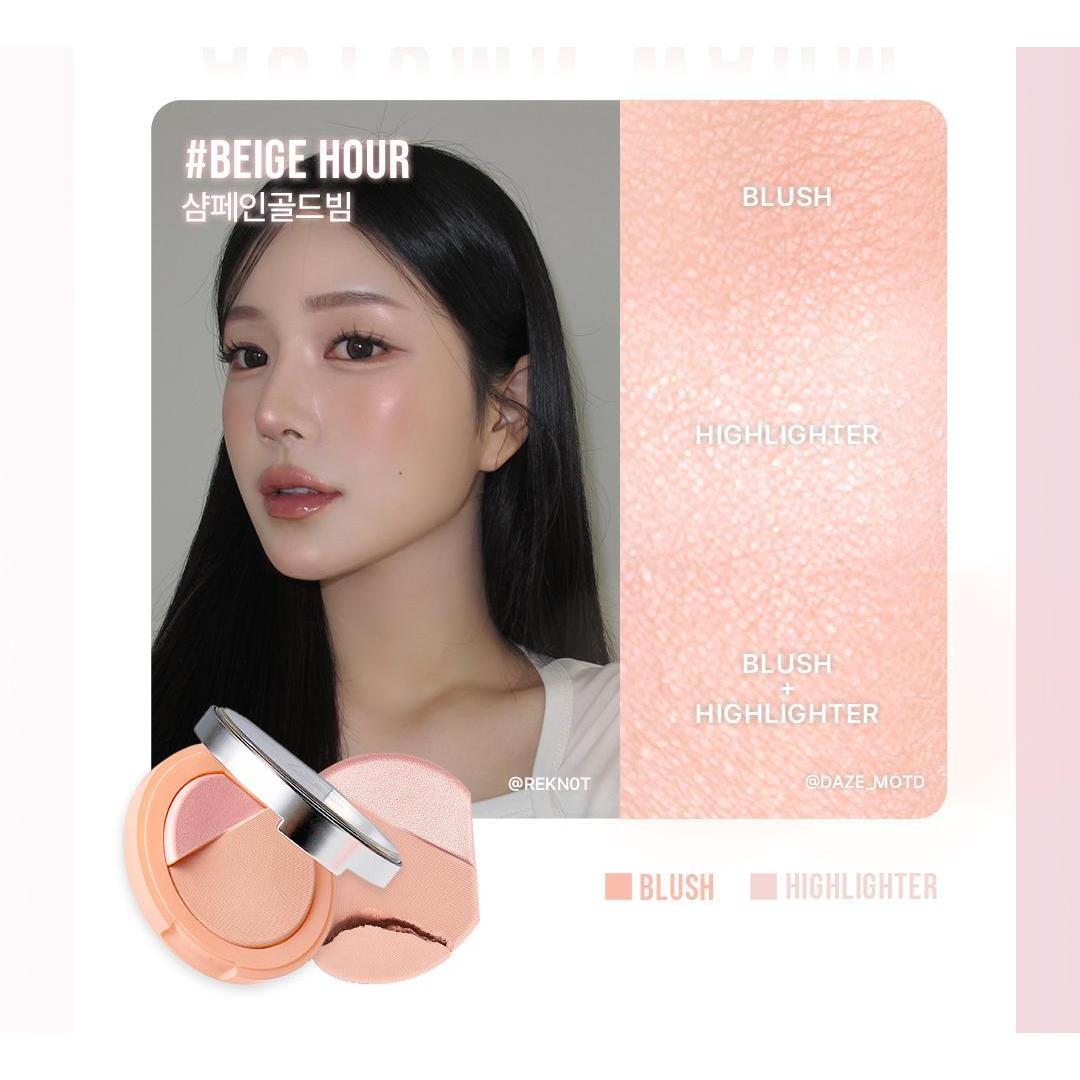3CE Blushlighter Beige Hour, one selected compact and complete shade swatches