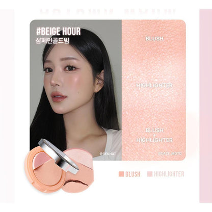 3CE Blushlighter Beige Hour, one selected compact and complete shade swatches