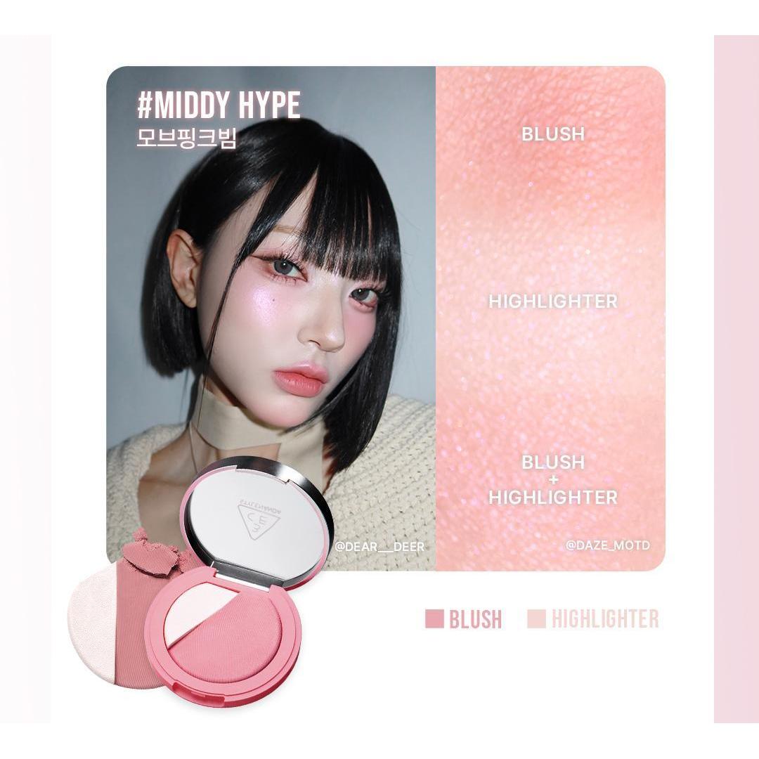 3CE Blushlighter Middy Hype, one selected compact and complete shade swatches