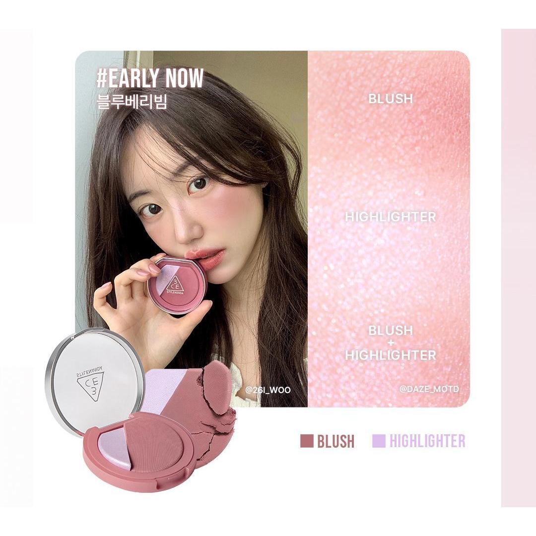 3CE Blushlighter Early Now, one selected compact and complete shade swatches