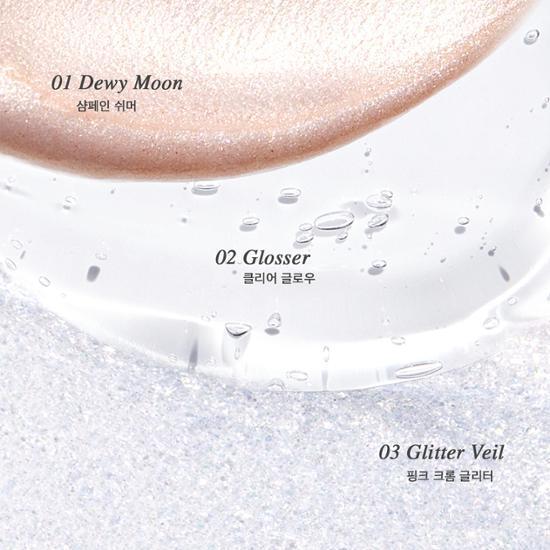 Complete original Glint three-shade comparison; prepared choices02Glosser and03GlitterVeil