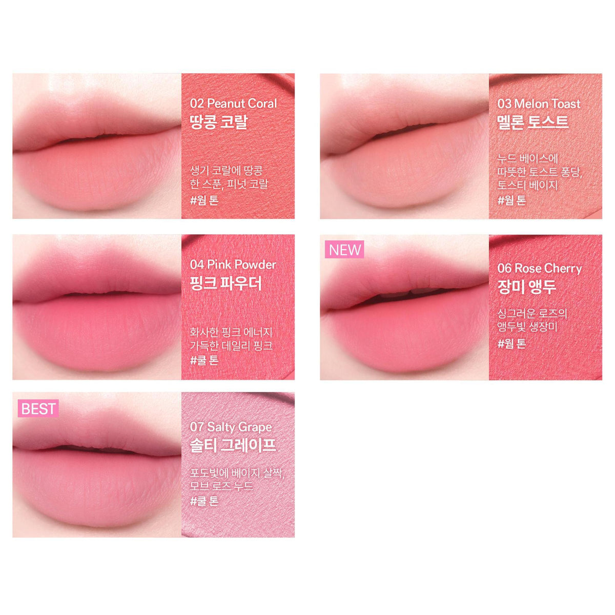 Five actual offered AMUSE shades with complete original lip examples and names