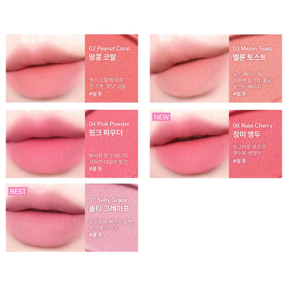 Five actual offered AMUSE shades with complete original lip examples and names