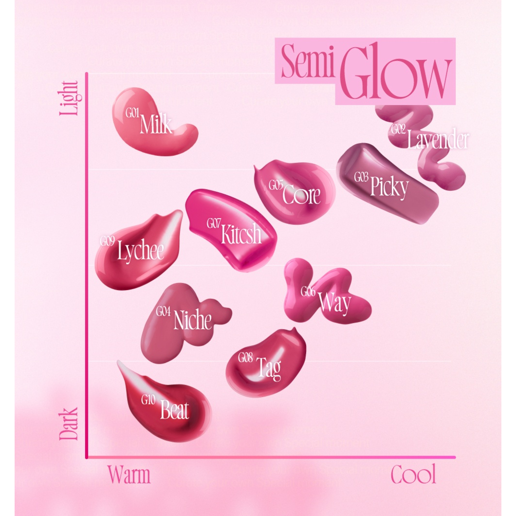 Complete native Semi Glow ten-shade choice chart for one selected fwee Pink Obsession tint.