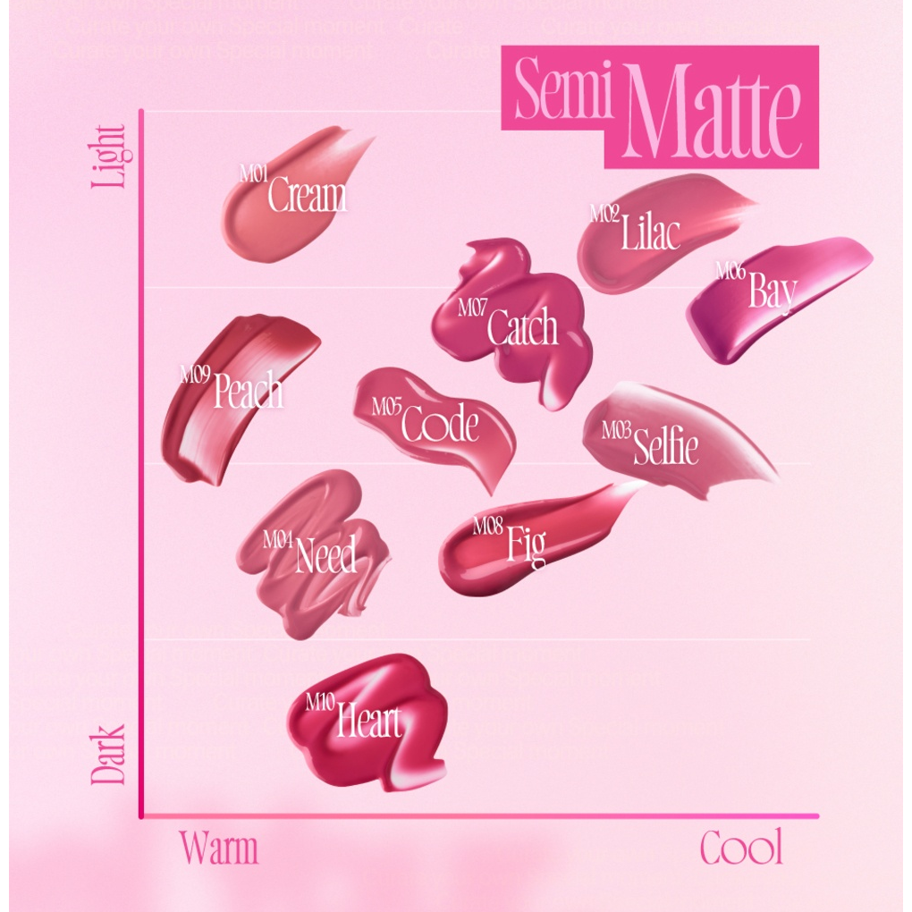 Complete native Semi Matte ten-shade choice chart for one selected fwee Pink Obsession tint.