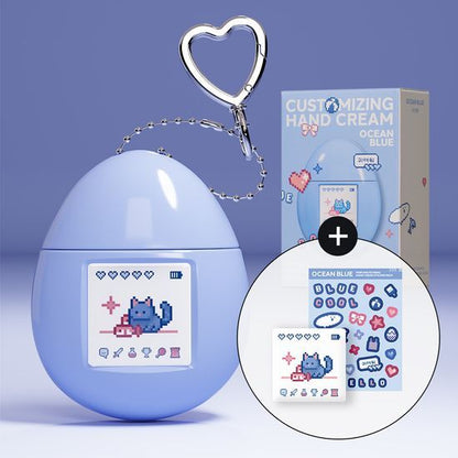 MUMCHIT Ocean Blue Perfume Keyring Hand Cream 50 ml with its heart keyring, main sticker, deco sticker sheet and carton.