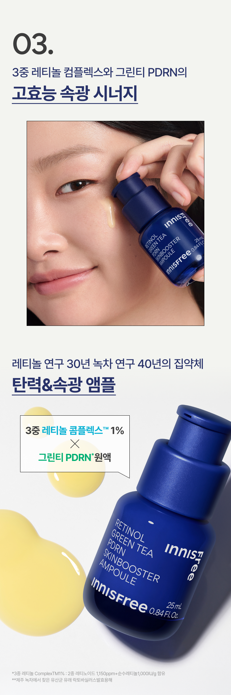 Innisfree Retinol Green Tea PDRN ampoule applied to the cheek; actual25ml bottle.