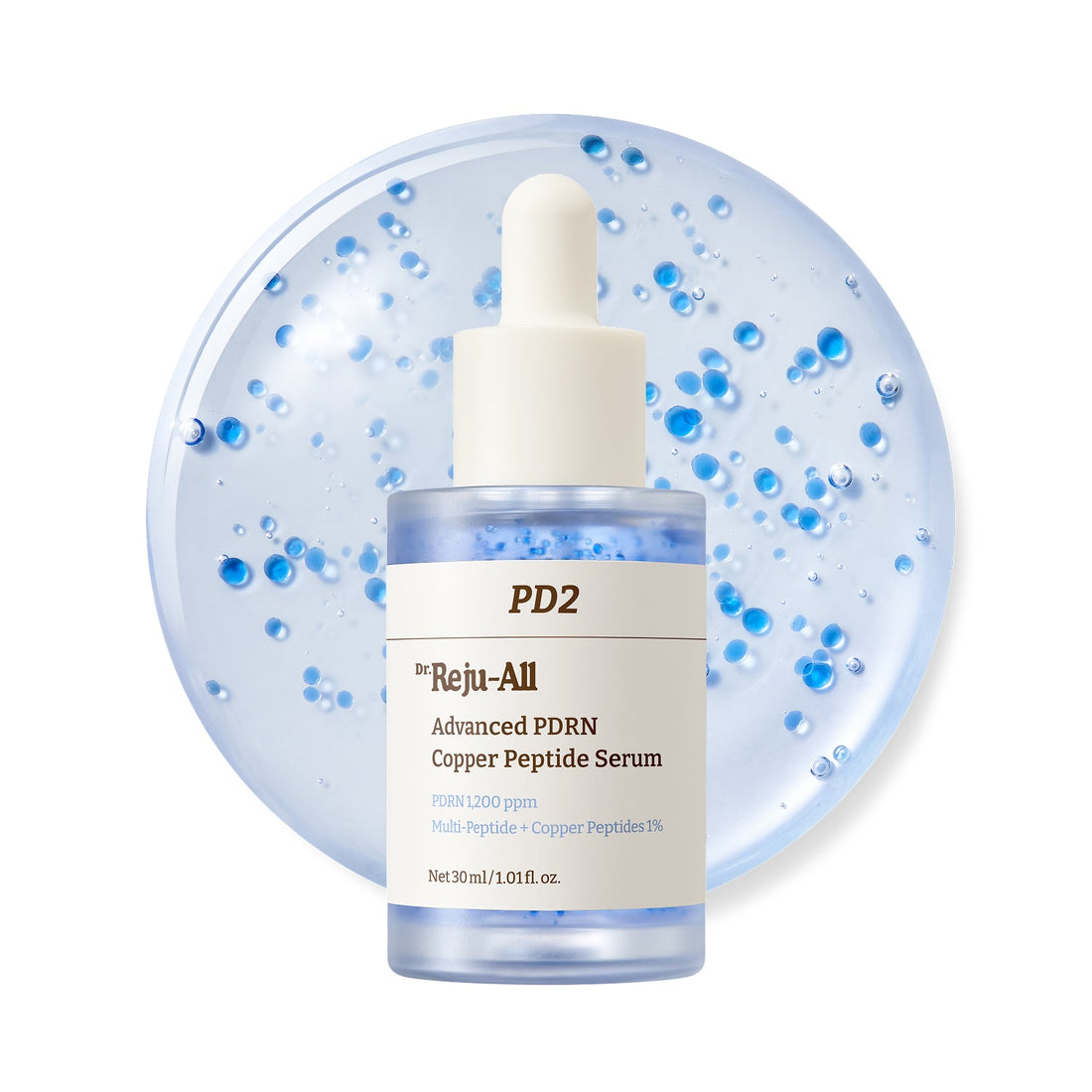 Dr.Reju-All PD2 PDRN Copper Peptide Serum 30ml bottle and blue capsule gel.