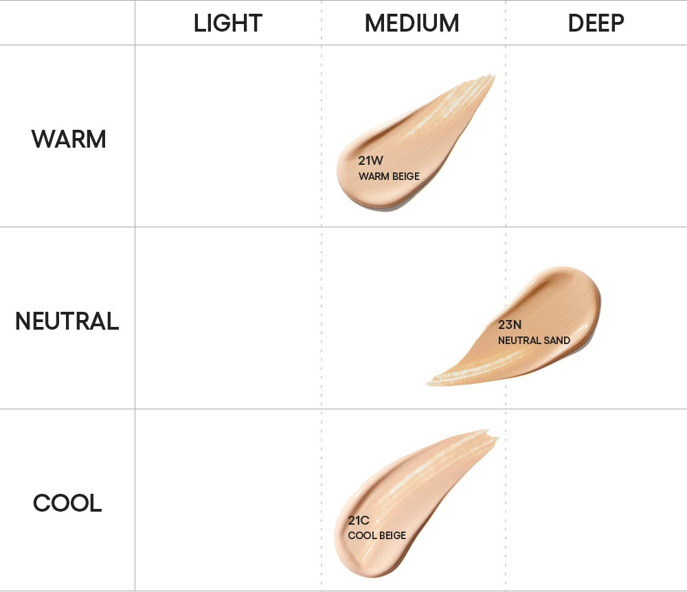 Manufacturer labeled shade chart comparing21W Warm Beige and23N Natural Sand