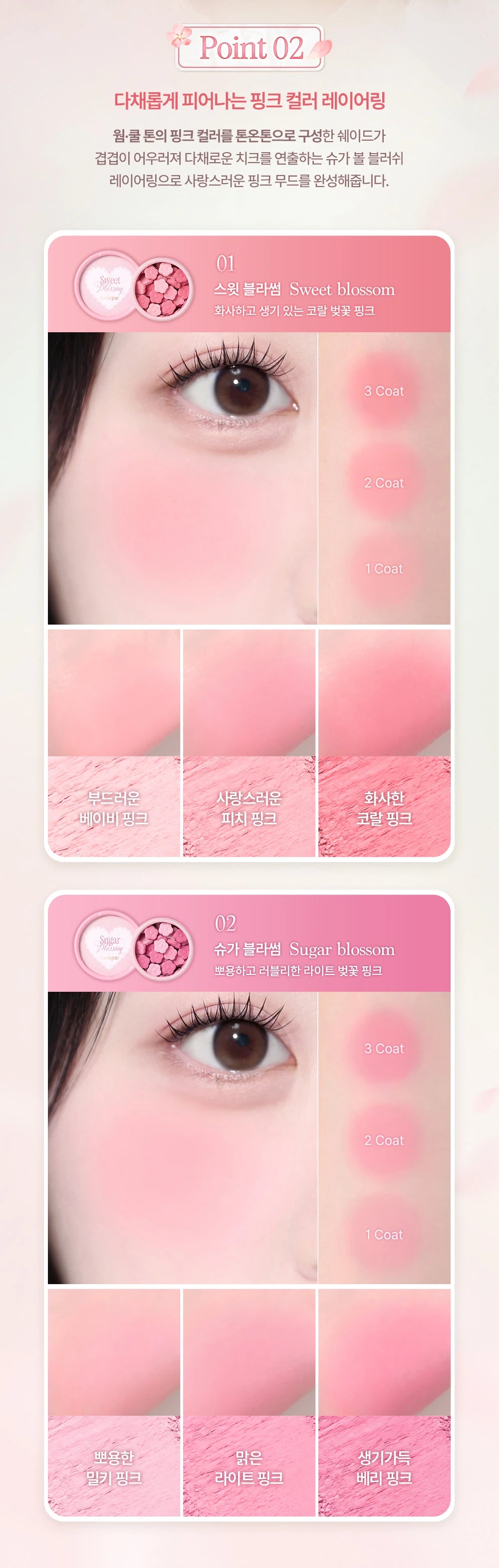 Complete labeled01 Sweet Blossom and02 Sugar Blossom shade guide