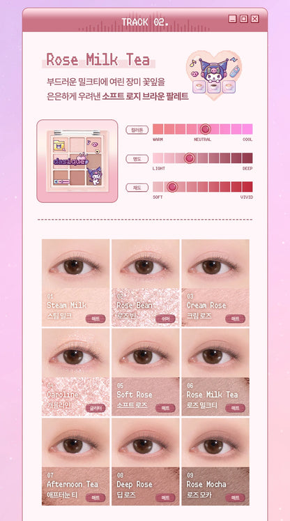 Sanrio City Pop Rose Milk Tea Kuromi exact nine-pan mini palette and complete shade guide