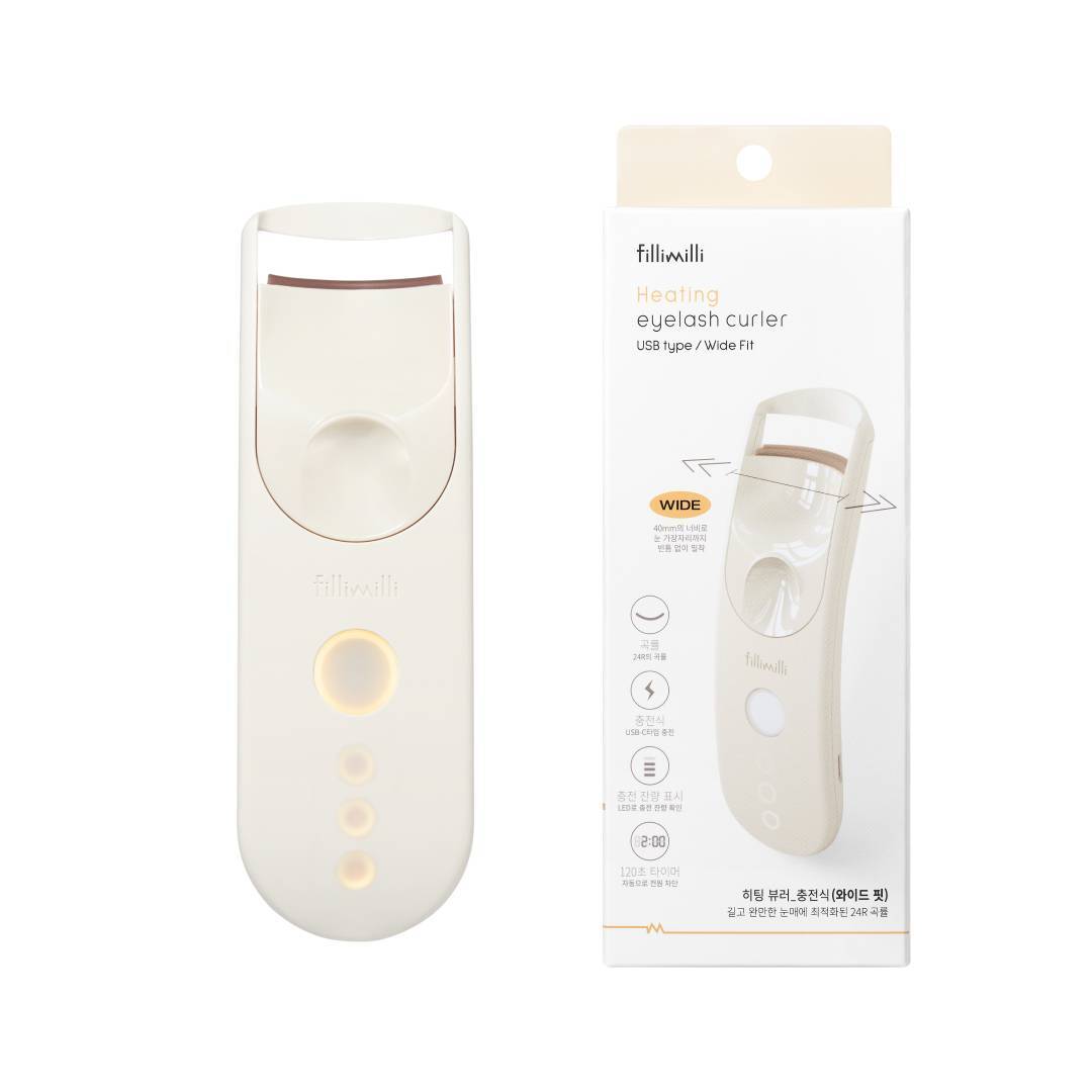 Fillimilli Wide USB heated eyelash curler with its Wide Fit retail box.