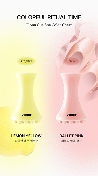Flona Ceramic Gua Sha color guide: Lemon Yellow and Ballet Pink.