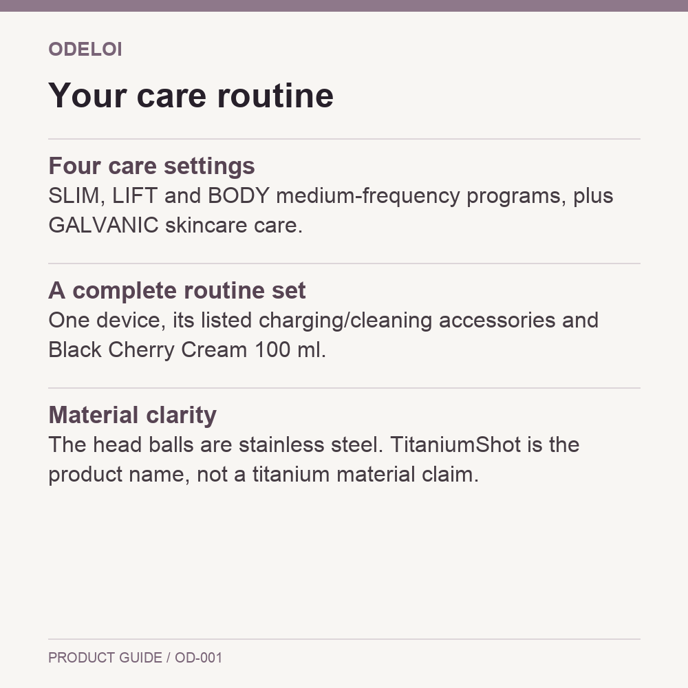 ODELOI TitaniumShot Device &amp; Black Cherry Cream Set routine and package guide
