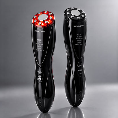 Pearl Care TripleWay black device in two lighting views; the package contains one device.