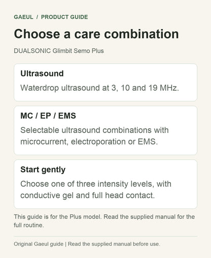 DUALSONIC Semo Plus quick guide to ultrasound modes and three intensity levels.