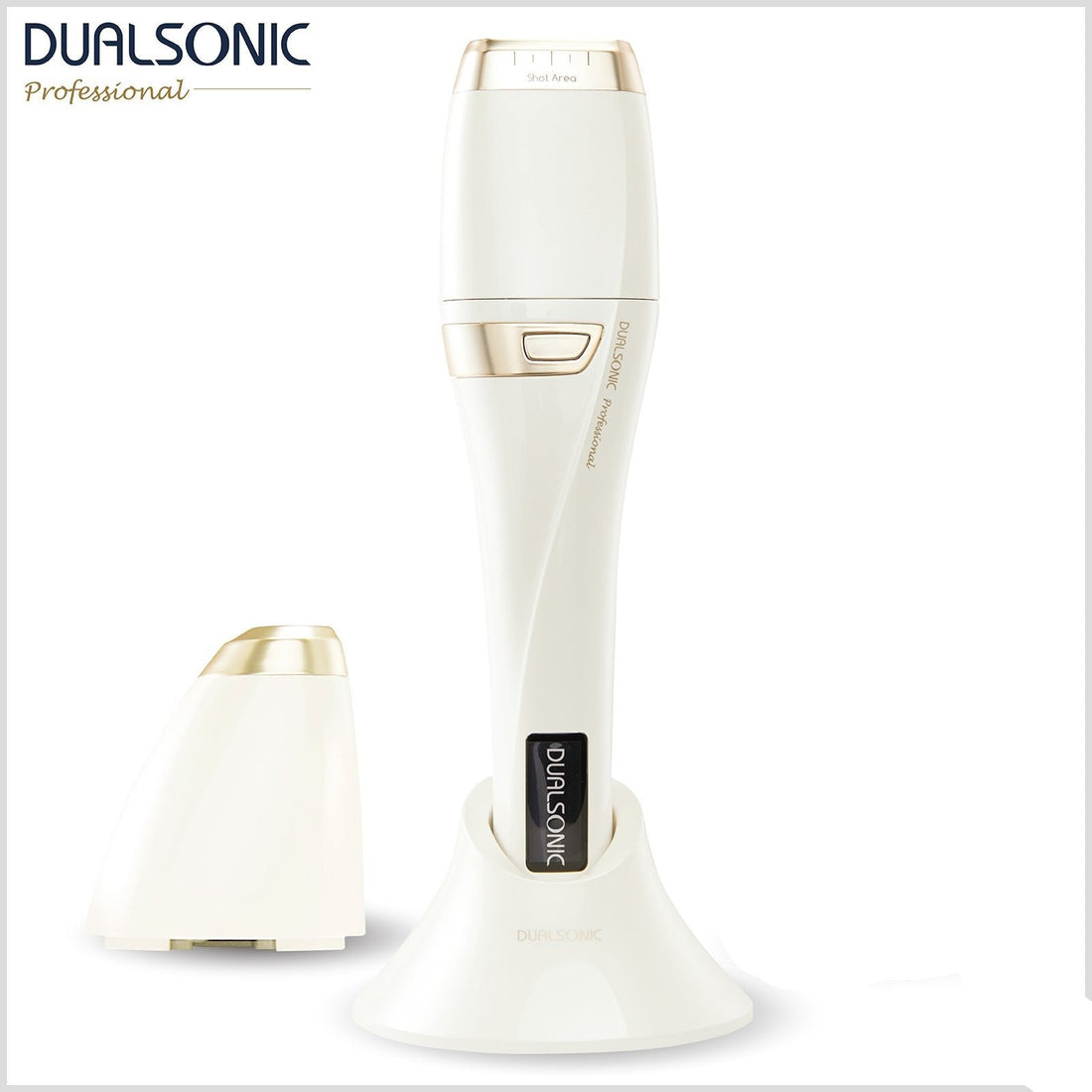 DUALSONIC Professional Gold with its Face and Eye cartridges and charging cradle.