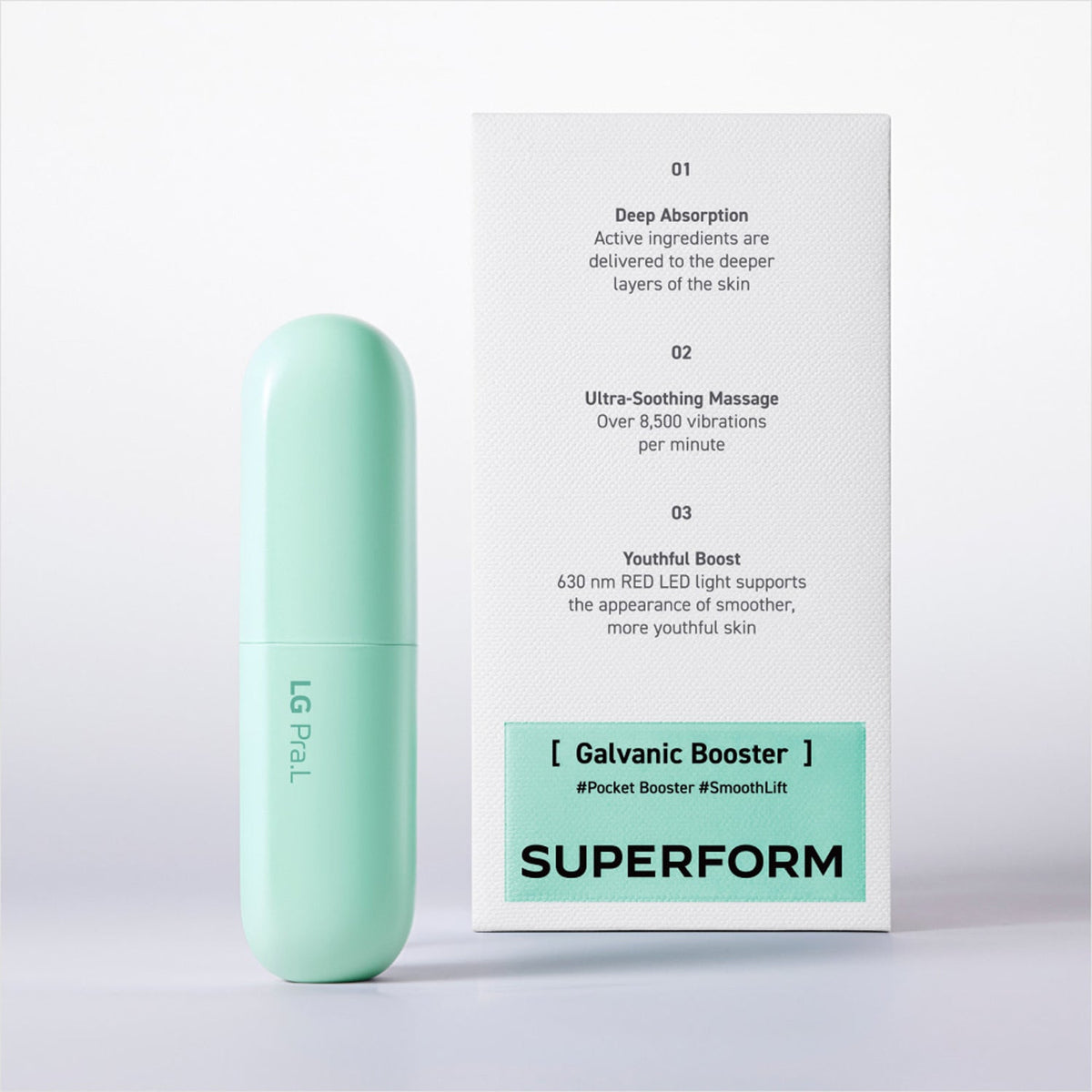 LG Pra.L Superform Galvanic Booster in Aqua Mint with matching retail box