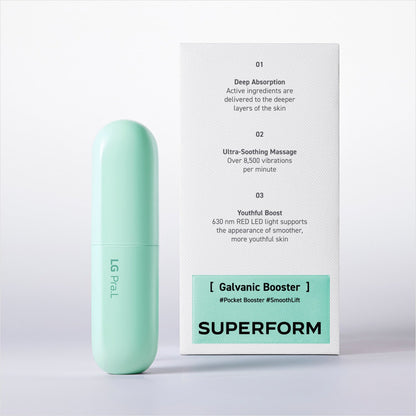 LG Pra.L Superform Galvanic Booster in Aqua Mint with matching retail box