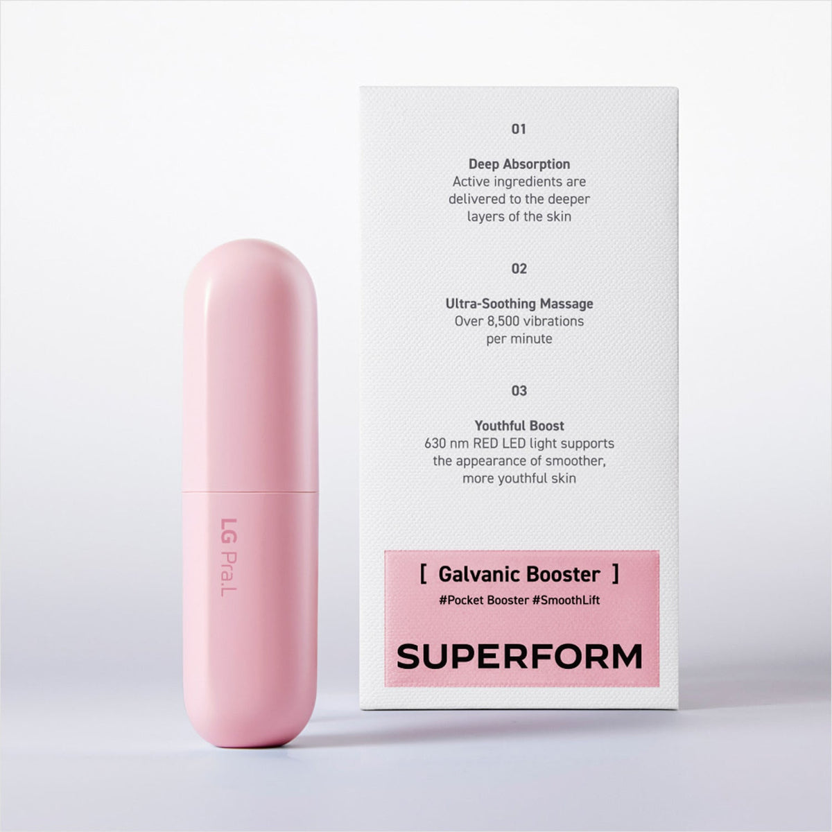 LG Pra.L Superform Galvanic Booster in Blush Pink with matching retail box