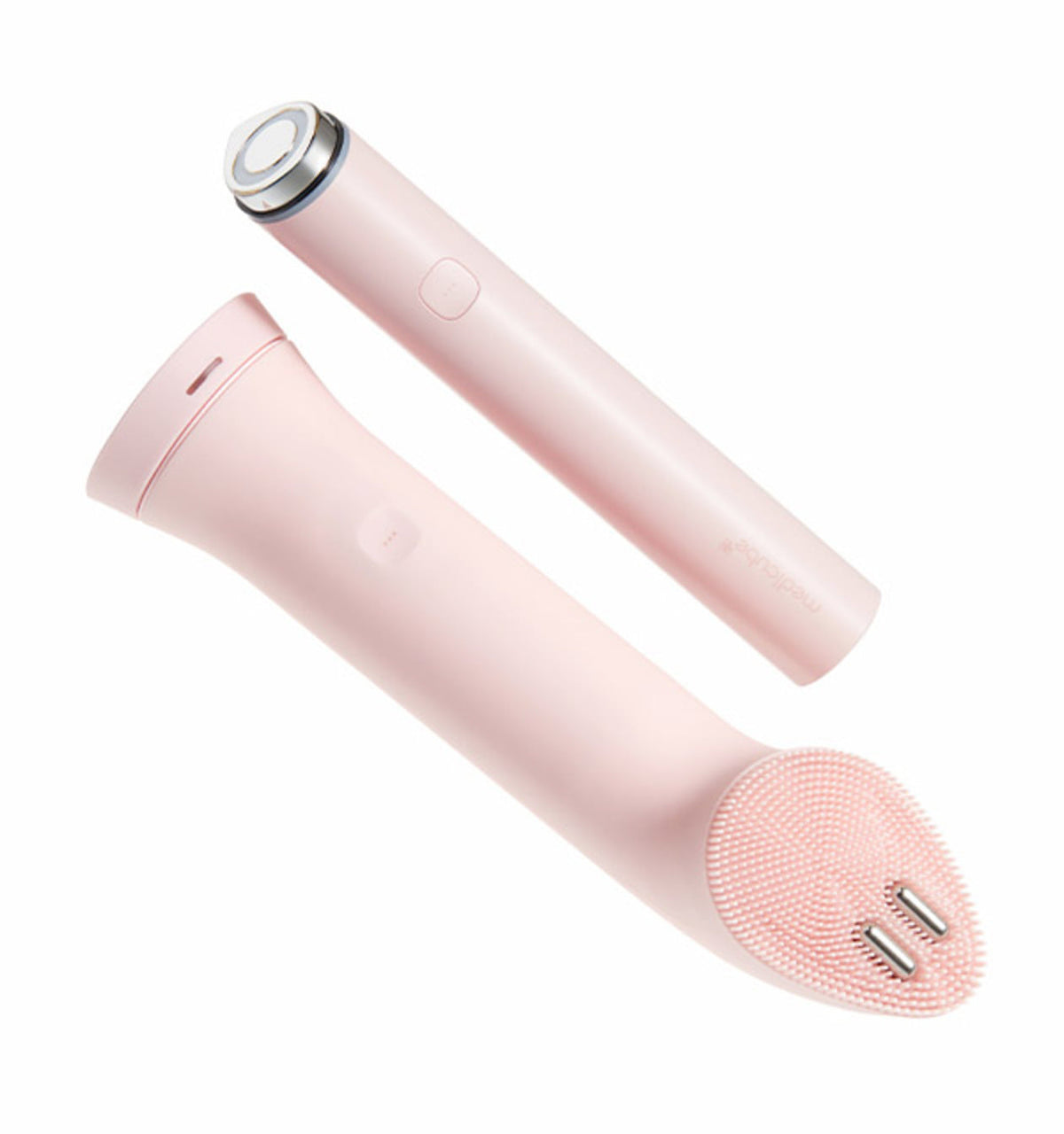 Medicube pink Booster Mini Plus and separate pink vibration cleansing head included in this kit.