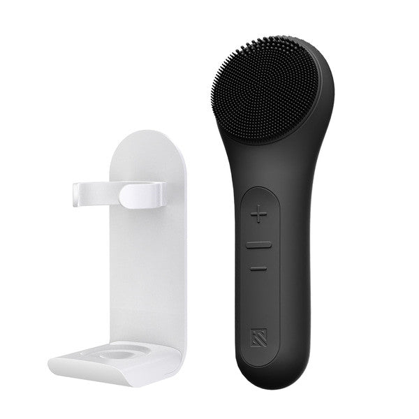 MELIENS ML-31 silicone vibration cleanser in Dark Black, with its included stand.