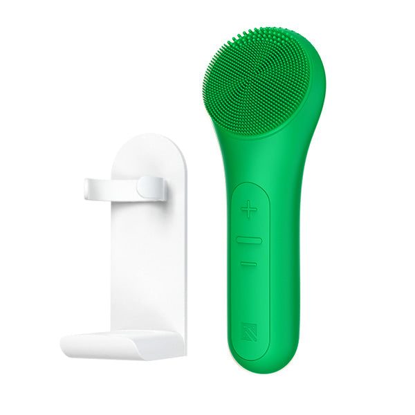 MELIENS ML-31 silicone vibration cleanser in Green, with its included stand.