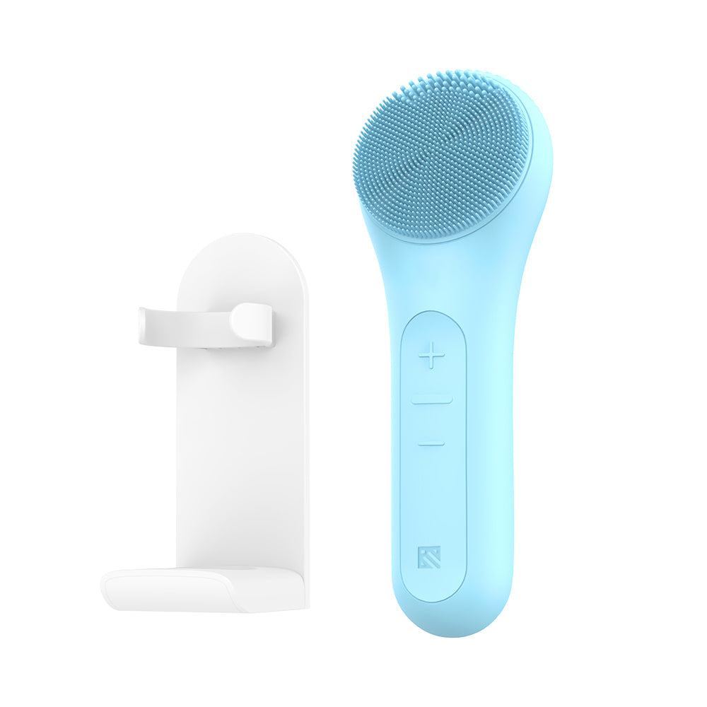 MELIENS ML-31 silicone vibration cleanser in Sky Blue, with its included stand.