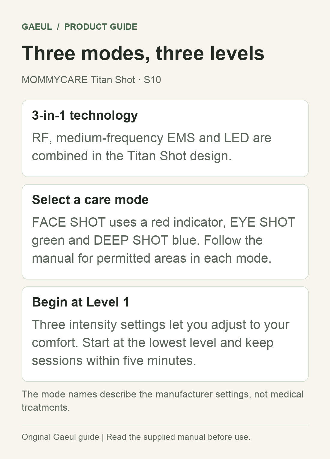 MOMMYCARE Titan Shot · S10: three modes, three levels.