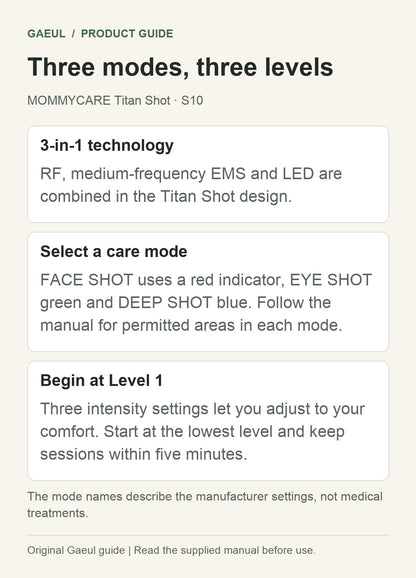 MOMMYCARE Titan Shot · S10: three modes, three levels.