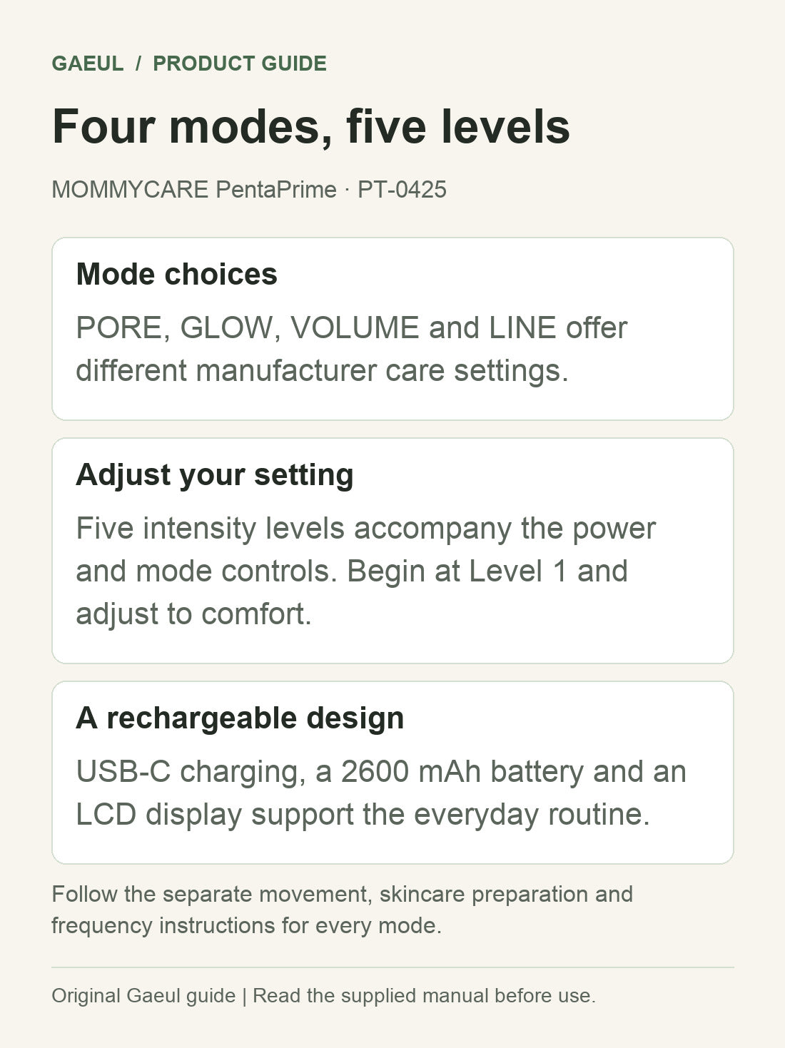 MOMMYCARE PentaPrime · PT-0425: four modes, five levels.