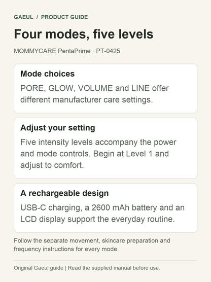 MOMMYCARE PentaPrime · PT-0425: four modes, five levels.