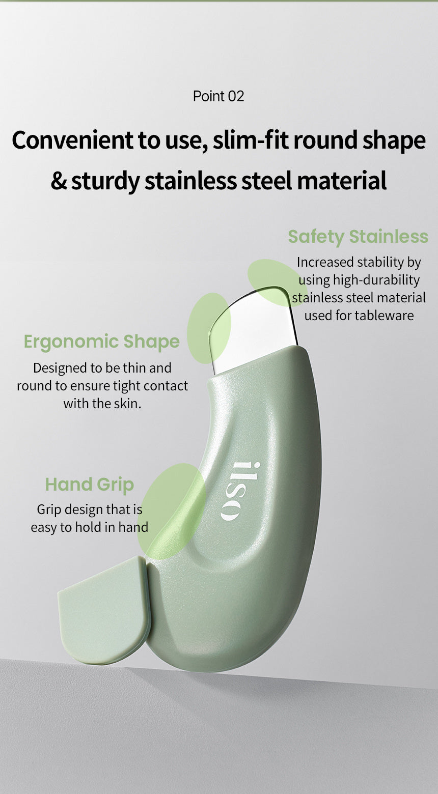 ilso Deep Clean Master rounded stainless-steel edge and curved grip explained in English