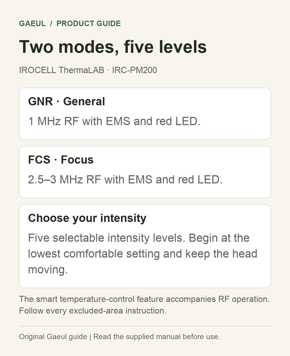 IROCELL ThermaLAB · IRC-PM200: two modes, five levels.